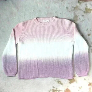 OMBRE Knit 100% Cotton Cropped Pink Purple Pullover Sweater Taper Sleeve Women L
